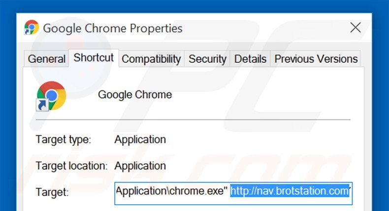 Verwijder nav.brotstation.com als doel van de Google Chrome snelkoppeling stap 2
