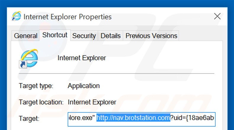 Verwijder nav.brotstation.com als doel van de Internet Explorer snelkoppeling stap 2