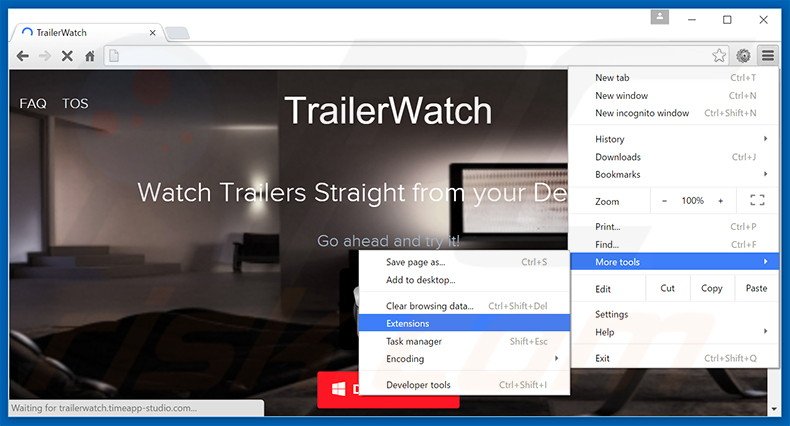 Verwijder de TrailerWatch  advertenties uit Google Chrome stap 1