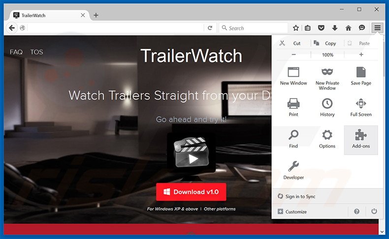 Verwijder de TrailerWatch advertenties uit Mozilla Firefox stap 1