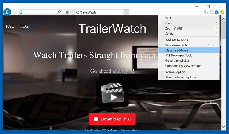 Verwijder de TrailerWatch advertenties uit Internet Explorer stap 1
