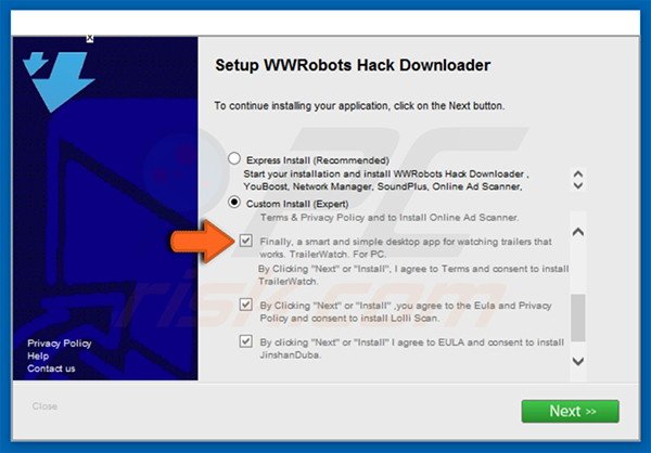 TrailerWatch adware installer configuratie