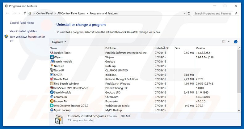TrailerWatch adware verwijdering via het Controle Paneel