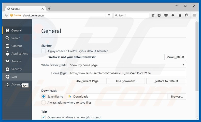 Verwijder zeta-search.com als startpagina in Mozilla Firefox