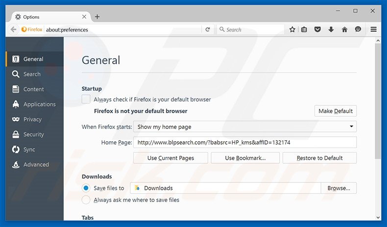 Verwijder blpsearch.com als startpagina in Mozilla Firefox