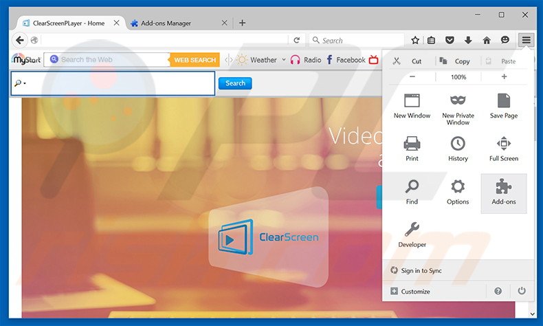 Verwijder de ClearScreen Player advertenties uit Mozilla Firefox stap 1