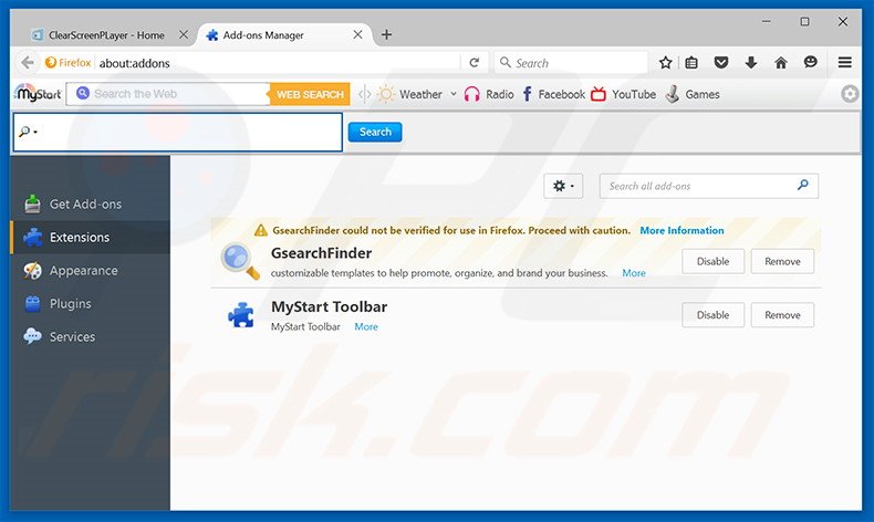 Verwijder de ClearScreen Player advertenties uit Mozilla Firefox stap 2