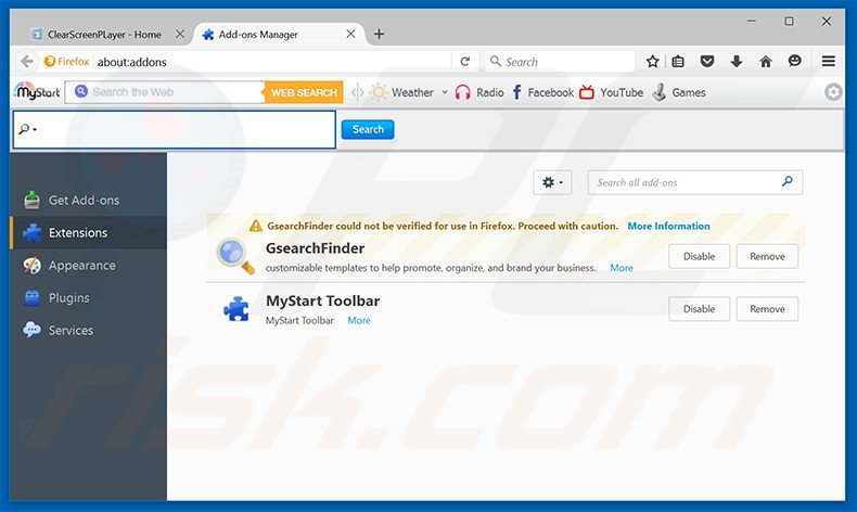 Verwijder de ClearScreen Player advertenties uit Mozilla Firefox stap 2