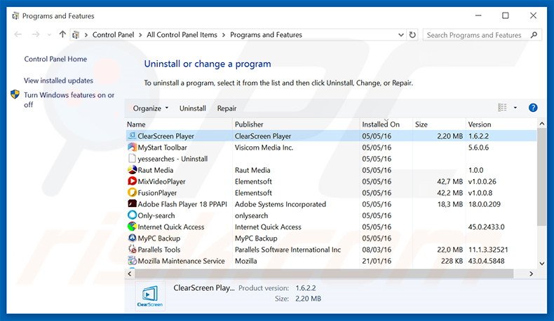 ClearScreen Player adware verwijdering via het Controle Paneel