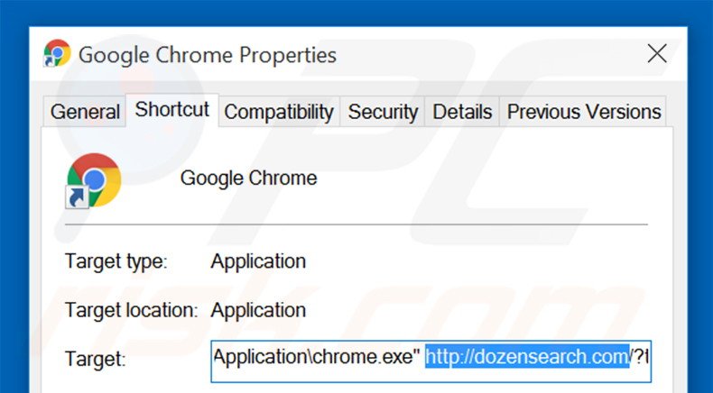 Verwijder dozensearch.com als doel van de Google Chrome snelkoppeling stap 2