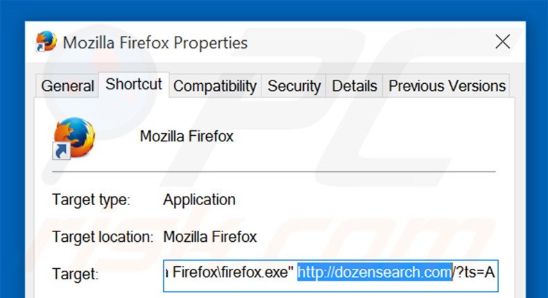 Verwijder dozensearch.com als doel van de Mozilla Firefox snelkoppeling stap 2