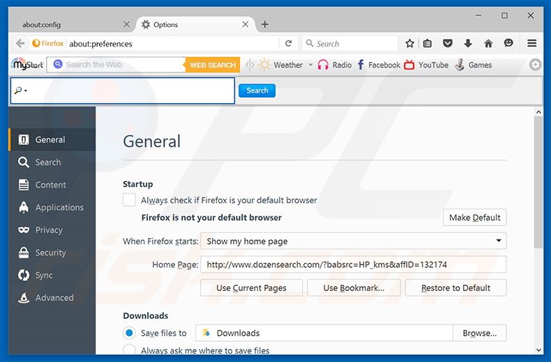 Verwijder dozensearch.com als startpagina in Mozilla Firefox