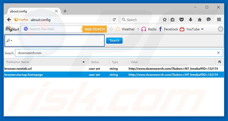 Verwijder dozensearch.com als standaard zoekmachine in Mozilla Firefox