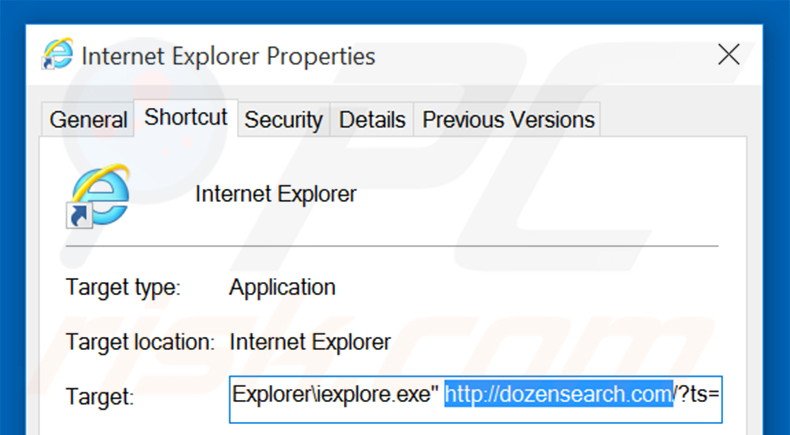 Verwijder dozensearch.com als doel van de Internet Explorer snelkoppeling stap 2