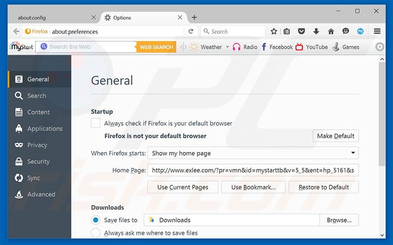 Verwijder exlee.com als startpagina in Mozilla Firefox