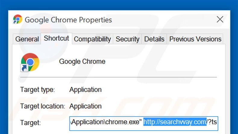 Verwijder searchvvay.com als doel van de Google Chrome snelkoppeling stap 2