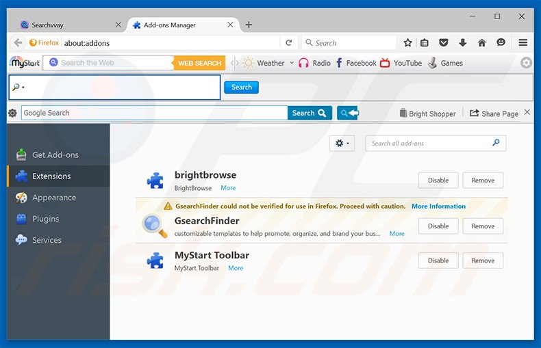 Verwijder aan searchvvay.com gerelateerde Mozilla Firefox extensies