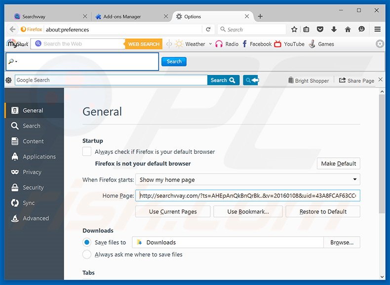 Verwijder searchvvay.com als startpagina in Mozilla Firefox