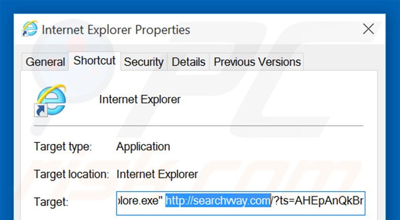 Verwijder searchvvay.com als doel van de Internet Explorer snelkoppeling stap 2