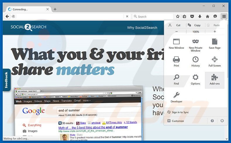 Verwijder de Social2Search advertenties uit Mozilla Firefox stap 1
