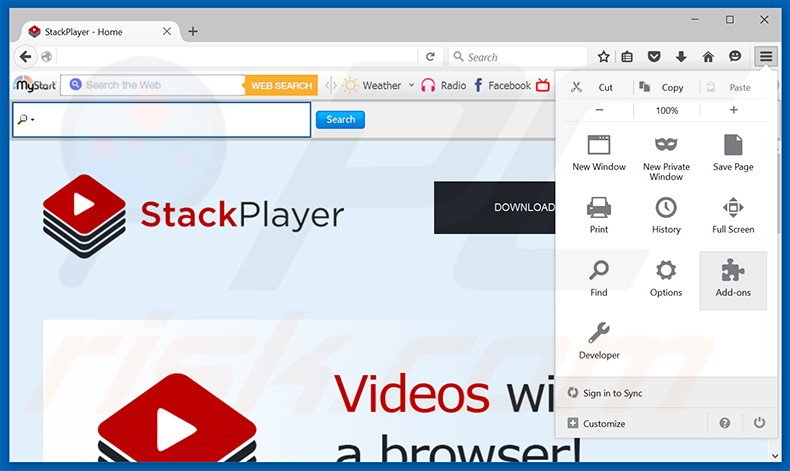 Verwijder de Stack Player advertenties uit Mozilla Firefox stap 1