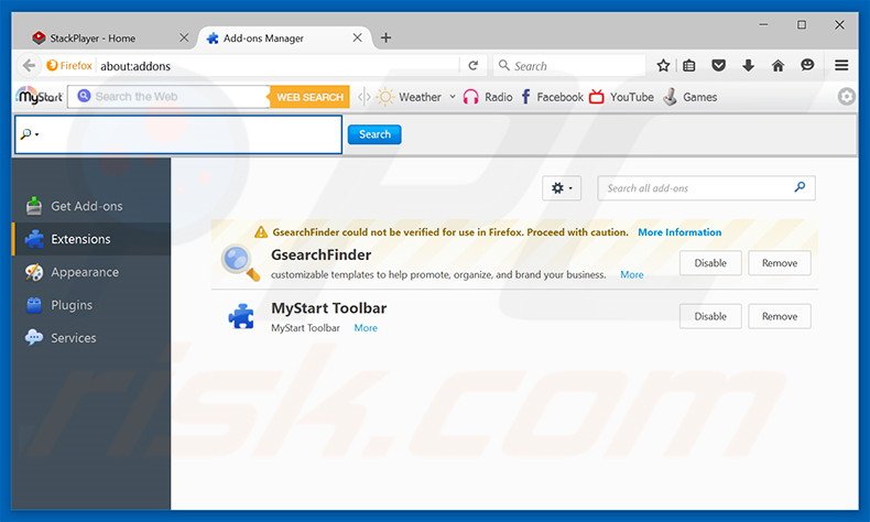 Verwijder de Stack Player advertenties uit Mozilla Firefox stap 2