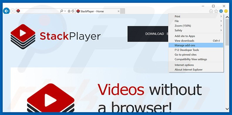 Verwijder de Stack Player advertenties uit Internet Explorer stap 1