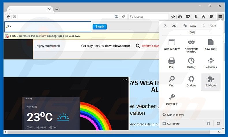 Verwijder de SysWeatherAlert advertens uit Mozilla Firefox stap 1