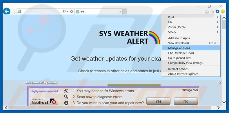 Verwijder de SysWeatherAlert advertenties uit Internet Explorer stap 1