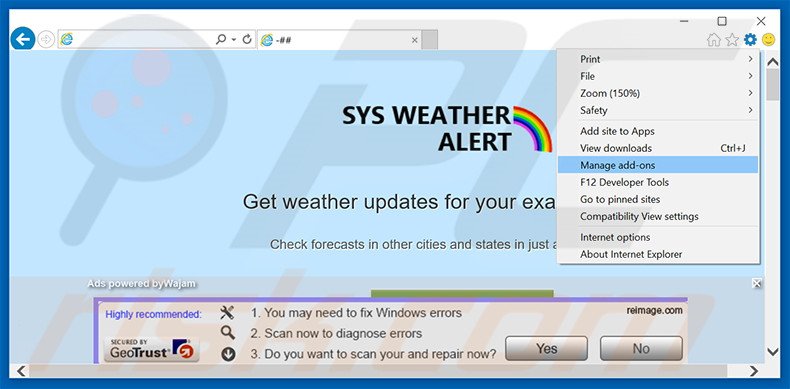 Verwijder de SysWeatherAlert advertenties uit Internet Explorer stap 1