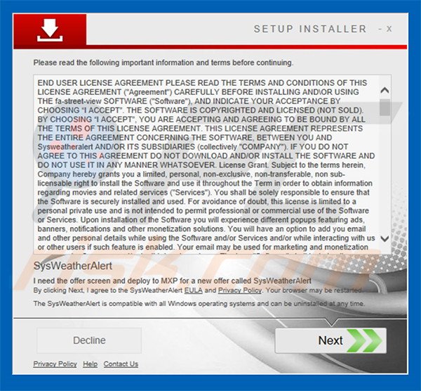 SysWeatherAlert verspreidt door een installatie-setup