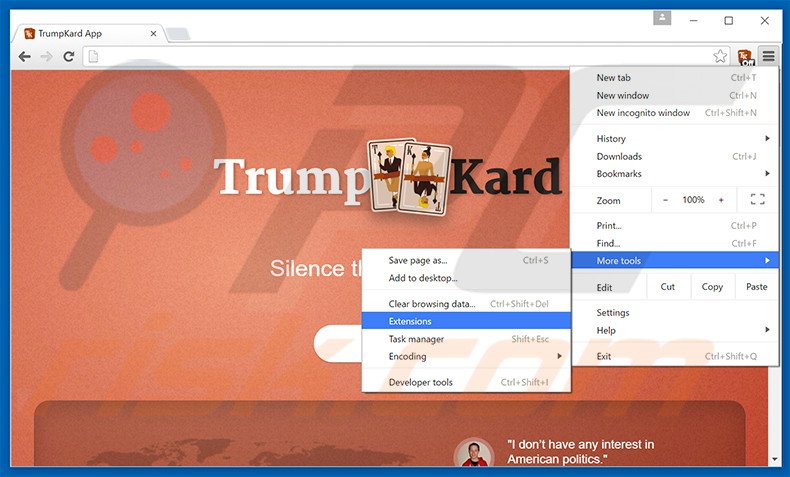 Verwjder de TrumpKard advertenties uit Google Chrome stap 1