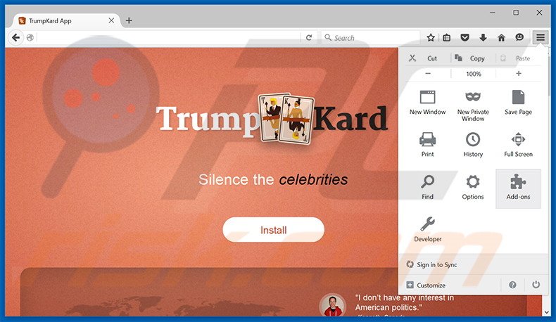Verwijder de TrumpKard advertenties uit Mozilla Firefox stap 1