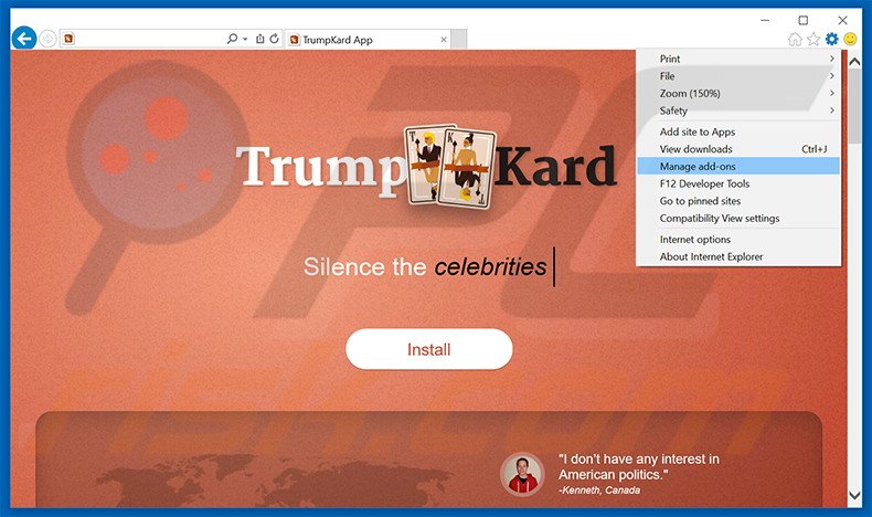 Verwijder de TrumpKard advertenties uit Internet Explorer stap 1