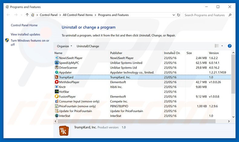 TrumpKard adware verwijdering via het Controle Paneel