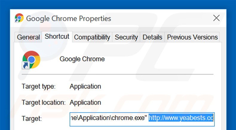 Verwijder yeabests.cc als doel van de Google Chrome snelkoppeling stap 2