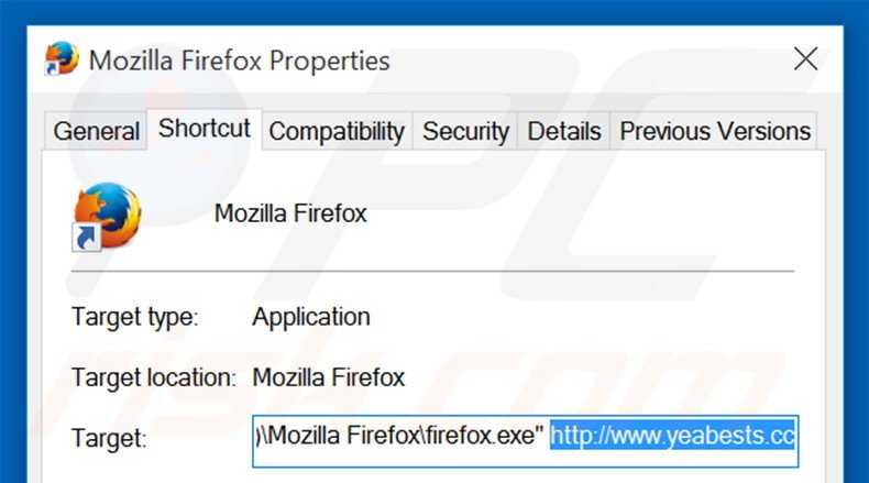 Verwijder yeabests.cc als doel van de Mozilla Firefox snelkoppeling stap 2