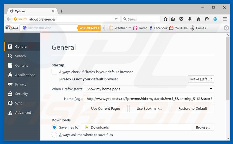 Verwijder yeabests.cc als startpagina in Mozilla Firefox