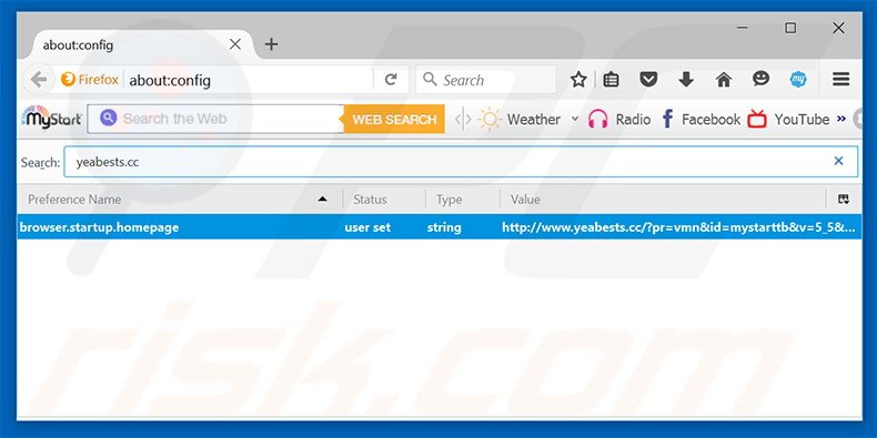 Verwijder yeabests.cc als standaard zoekmachine in Mozilla Firefox