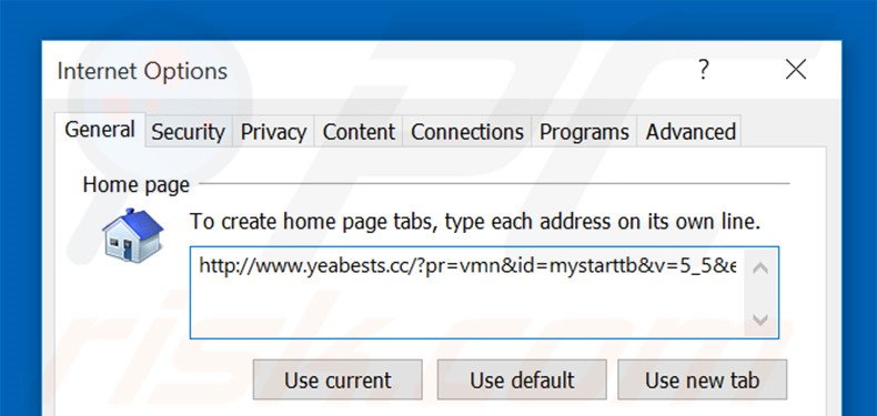 Verwijder yeabests.cc als startpagina in Internet Explorer