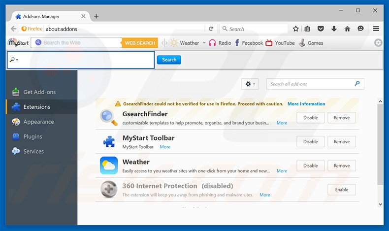 Verwijder misleidende browser extensies uit Mozilla Firefox (voorbeeld 2)