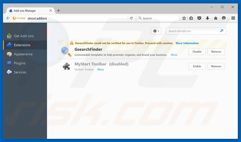 Verwijder aan amisites.com gerelateerde Mozilla Firefox extensies