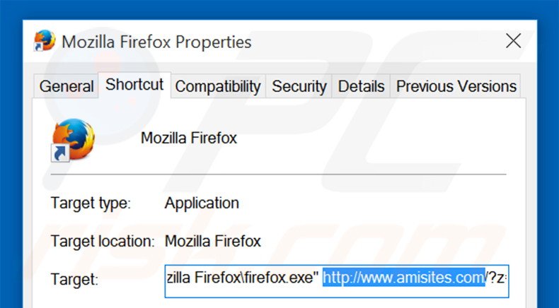 Verwijder amisites.com als doel in de Mozilla Firefox snelkoppeling stap