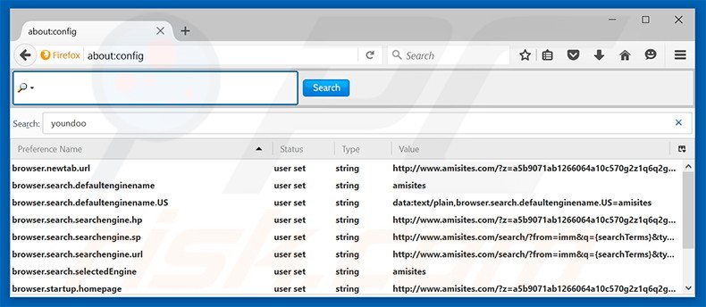 Verwijder amisites.com als standaard zoekmachine in Mozilla Firefox