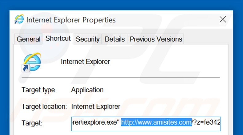 Verwijder amisites.com als doel in de Internet Explorer snelkoppeling stap 2