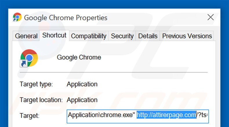 Verwijder attirerpage.com als snelkoppeling naar Google Chrome stap 2