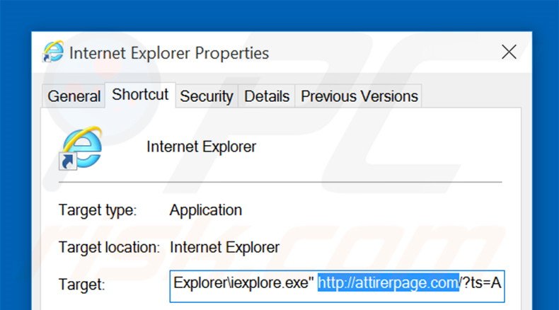 Verwijder attirerpage.com als doel van de Internet Explorer snelkoppeling stap 2