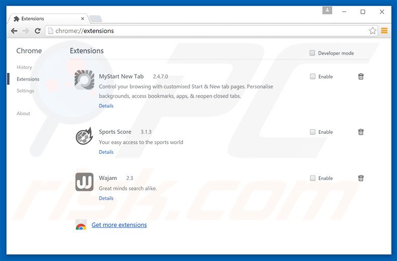 Verwijder aan gogletab.com gerelateerde Google Chrome extensies
