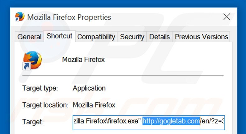 Verwijder gogletab.com als doel van de Mozilla Firefox snelkoppeling stap 2