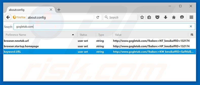 Verwijder gogletab.com als standaard zoekmachine in Mozilla Firefox